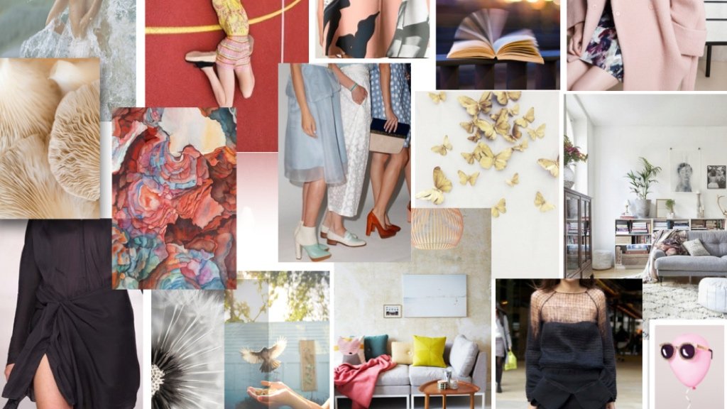 Definer din tøjmærkes niche og identitet Visuel mood board der viser modebrand identitetselementer
