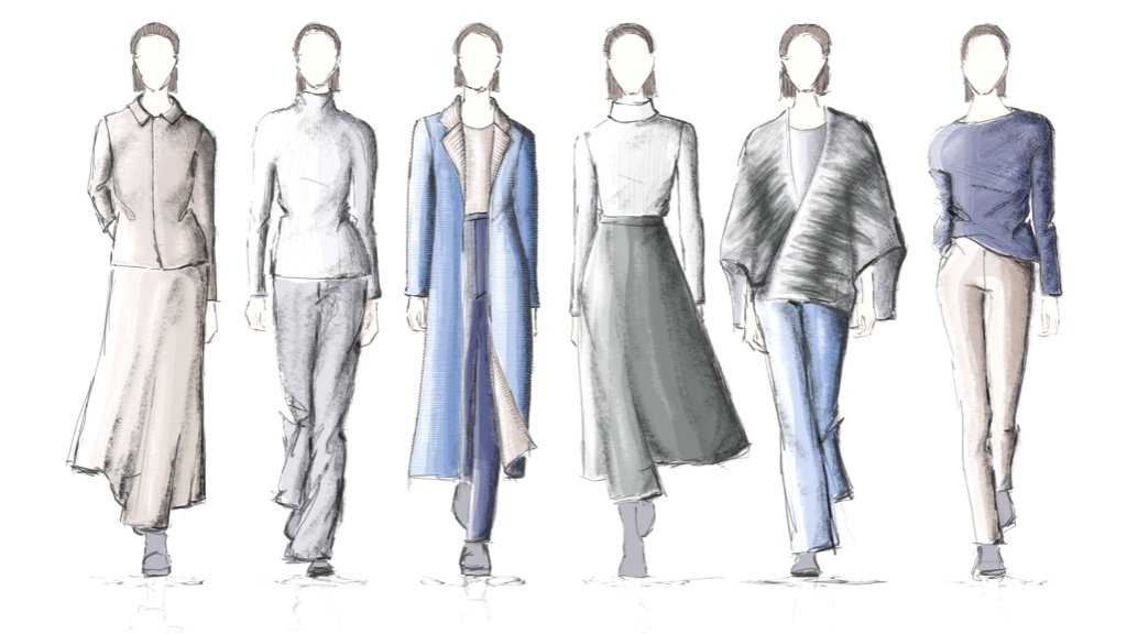 At designe din første modekollektion fra skitse til prøve Skitser af tøjdesign med stofprøver og værktøjer