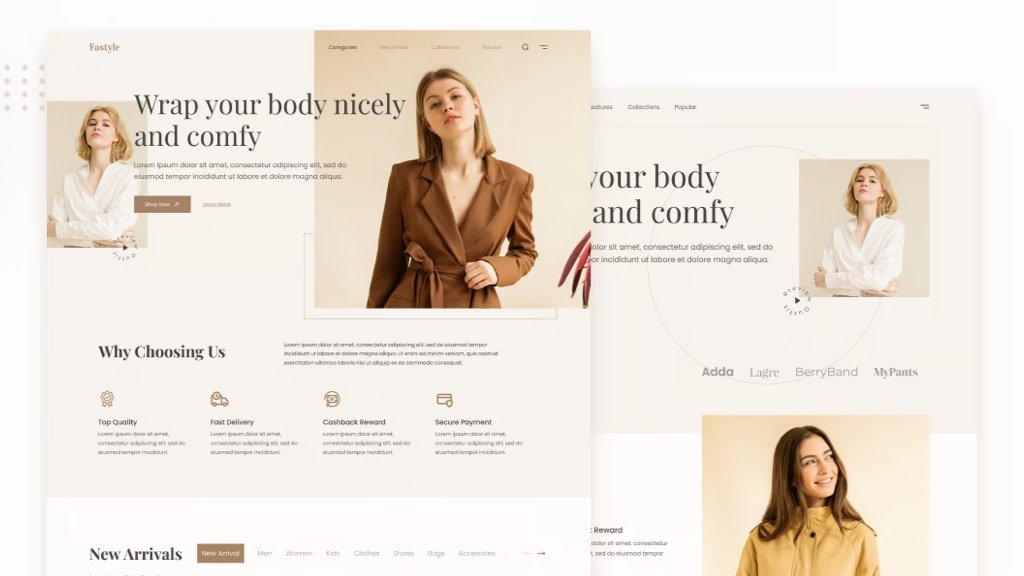 At skabe din online tøjbutik og digitale tilstedeværelse Moderne modebrand website vist på bærbar computer og telefon